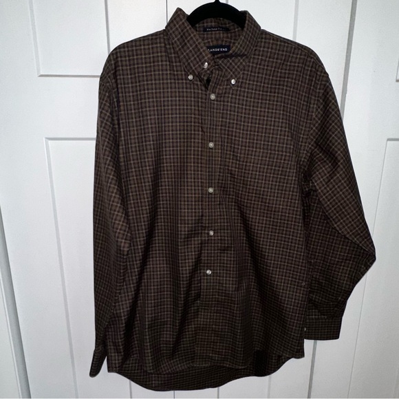 Men's Land's End No Iron Twill Brown/Blue Checkered Button Down - Size 16 - 34 - Picture 1 of 6